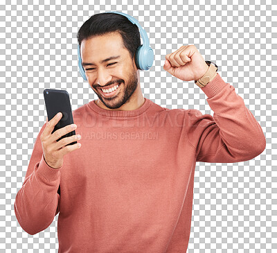 Buy stock photo Asian man, phone and listening to music dancing with headphones isolated on a transparent PNG background. Happy male person enjoying audio streaming, sound track or songs on mobile smartphone app