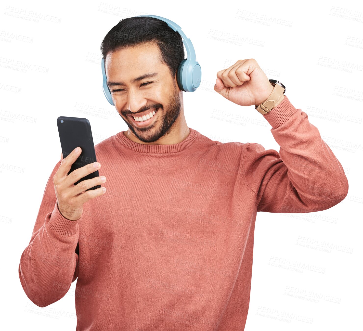 Buy stock photo Asian man, phone and listening to music dancing with headphones isolated on a transparent PNG background. Happy male person enjoying audio streaming, sound track or songs on mobile smartphone app