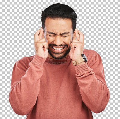 Buy stock photo Fingers crossed, praying and man with hand gesture for good luck, anxiety and isolated on transparent png background. Nervous, worry and asian male person wish of belief, emoji and hope of winning