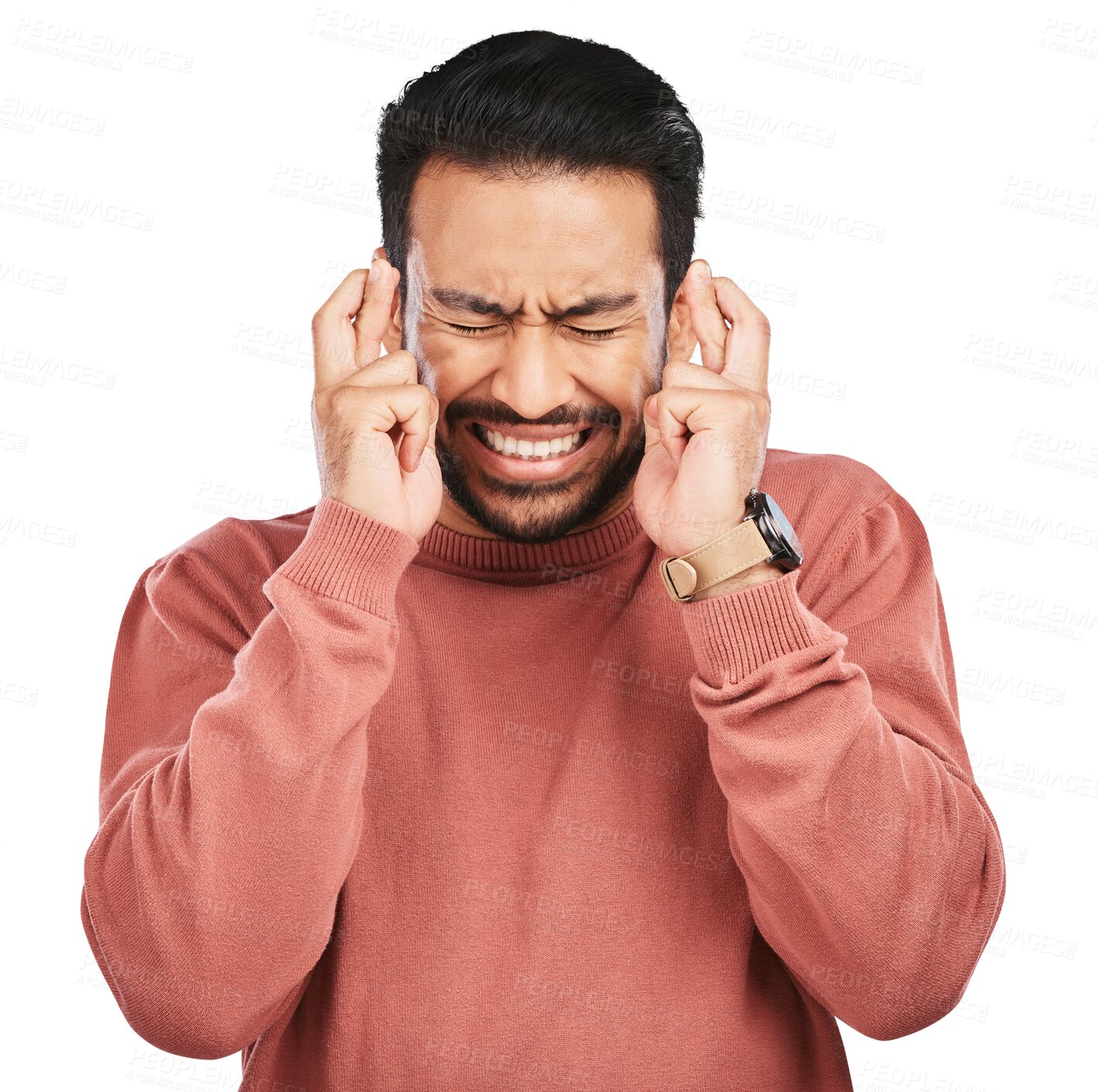 Buy stock photo Fingers crossed, praying and man with hand gesture for good luck, anxiety and isolated on transparent png background. Nervous, worry and asian male person wish of belief, emoji and hope of winning