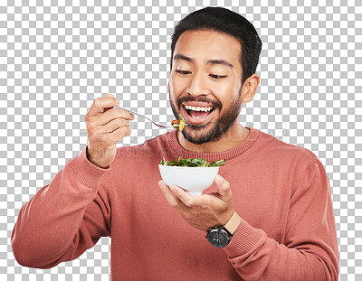 Buy stock photo Health, eating salad and happy man with food bowl on isolated, png and transparent background for wellness. Vegan diet, lose weight and male person with vegetables for nutrition, detox and vitamins