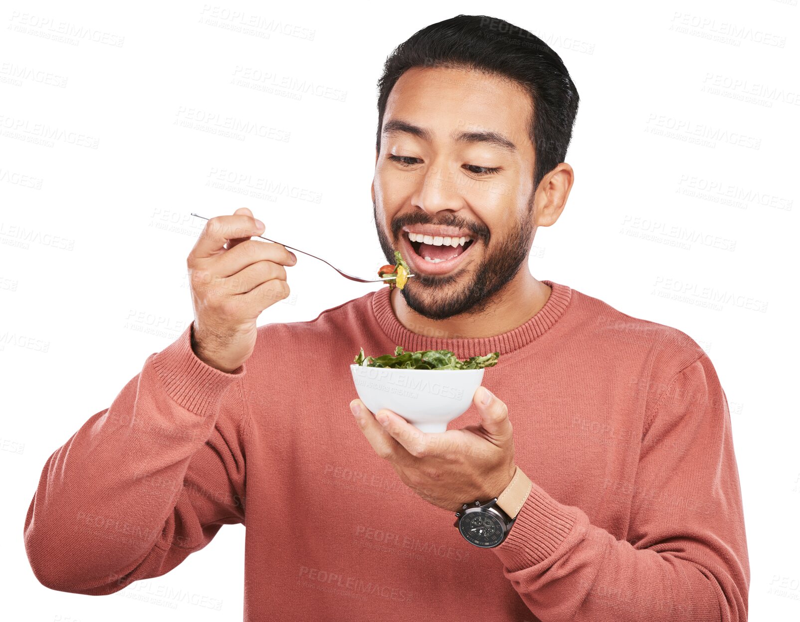 Buy stock photo Health, eating salad and happy man with food bowl on isolated, png and transparent background for wellness. Vegan diet, lose weight and male person with vegetables for nutrition, detox and vitamins