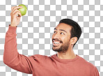 Wellness, apple and happy man with fruit for health on isolated, png and transparent background for diet. Vegan, lose weight and male person with organic snack for nutrition, detox and vitamins