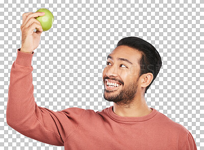 Buy stock photo Wellness, apple and happy man with fruit for health on isolated, png and transparent background for diet. Vegan, lose weight and male person eating organic food for nutrition, detox and vitamins