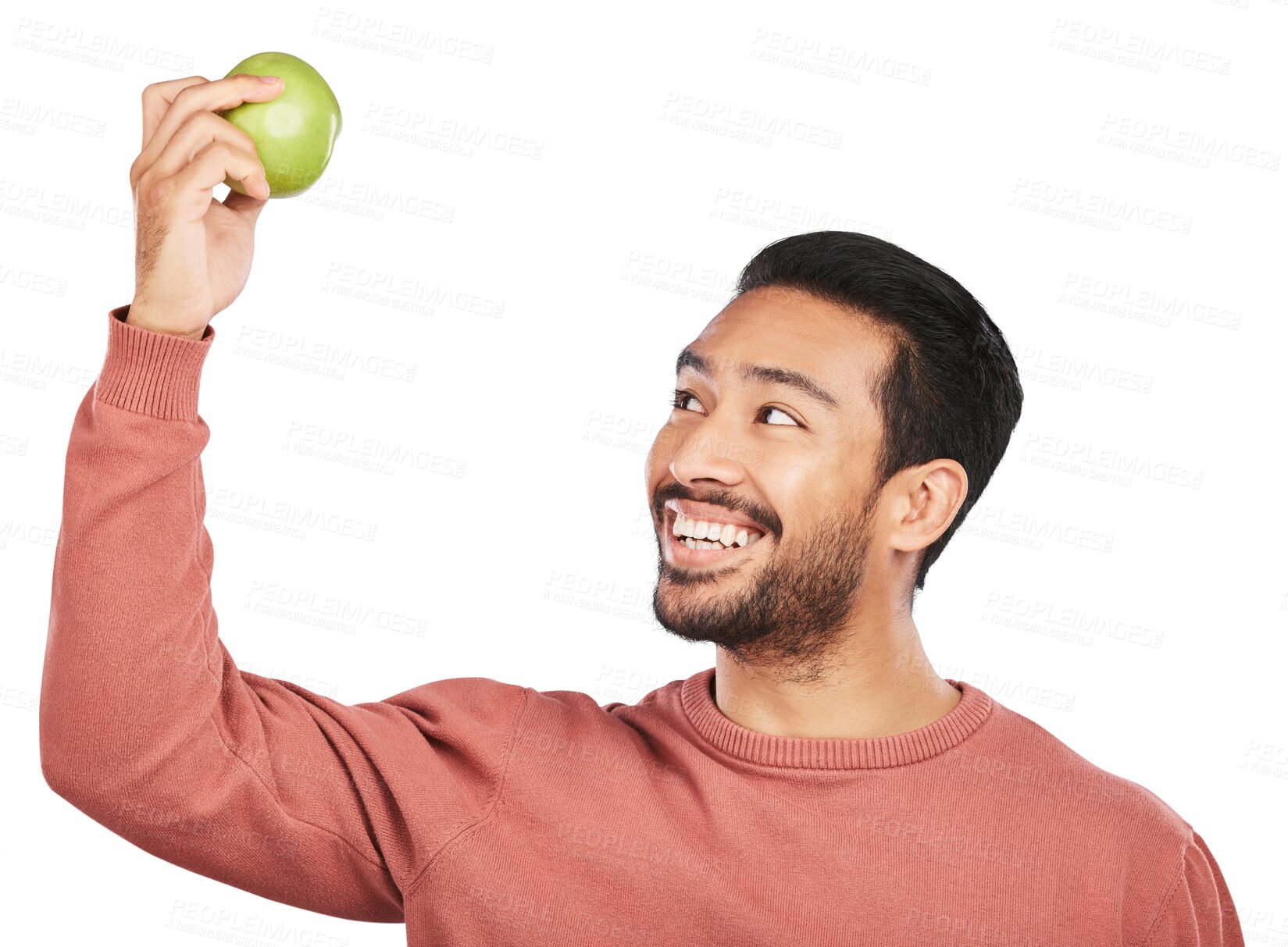 Buy stock photo Wellness, apple and happy man with fruit for health on isolated, png and transparent background for diet. Vegan, lose weight and male person eating organic food for nutrition, detox and vitamins