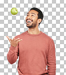 Throw, apple and man with fruit for health on isolated, png and transparent background for wellness. Vegan diet, lose weight and happy male person with organic snack for nutrition, detox and vitamins