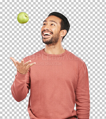 Buy stock photo Throw, apple and man with fruit for health on isolated, png and transparent background for wellness. Vegan diet, lose weight and happy male person with organic snack for nutrition, detox and vitamins