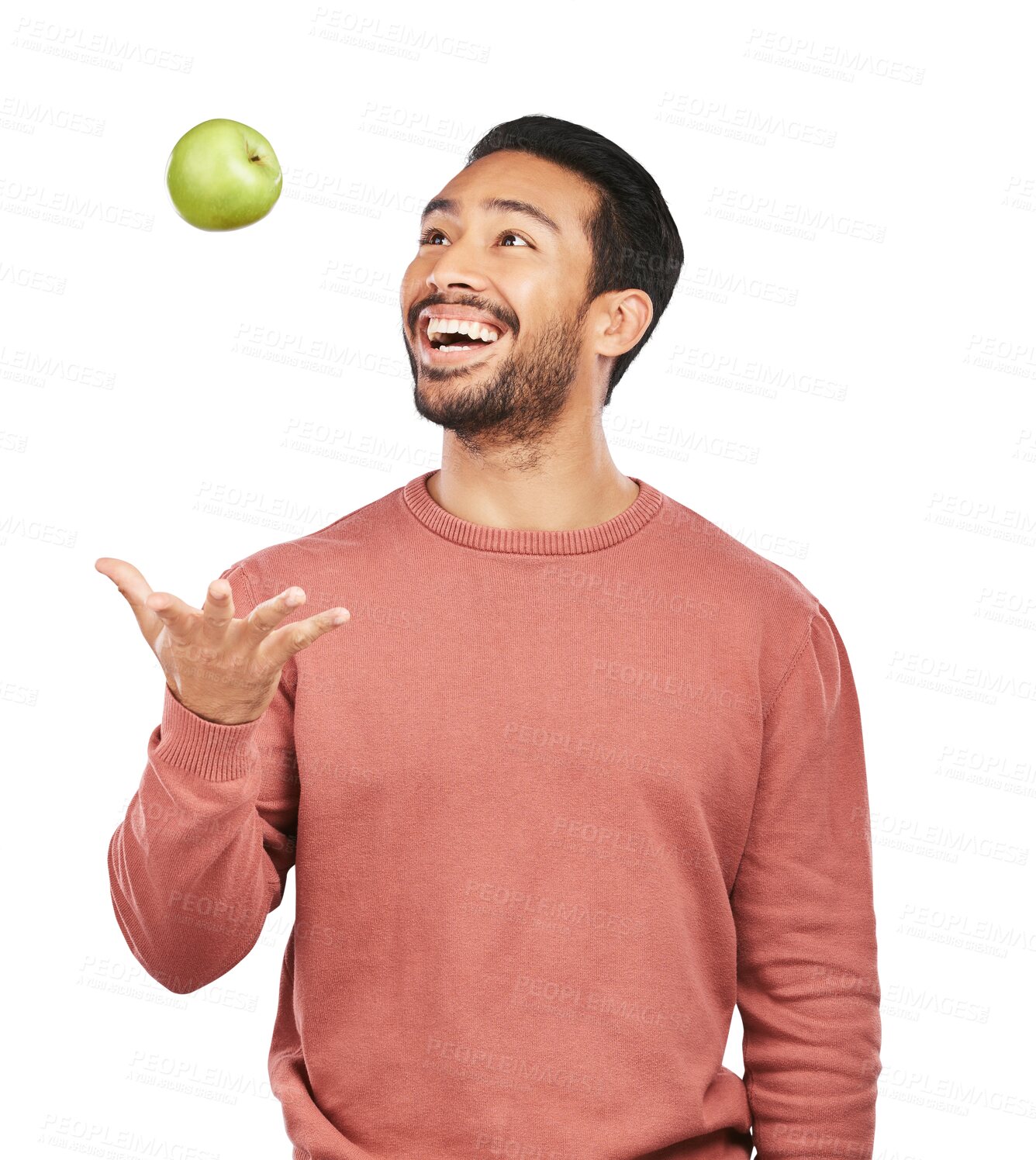 Buy stock photo Throw, apple and man with fruit for health on isolated, png and transparent background for wellness. Vegan diet, lose weight and happy male person with organic snack for nutrition, detox and vitamins