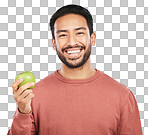 Man in portrait, apple and nutrition with health and diet with s