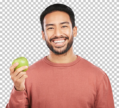 Buy stock photo Health, apple and portrait of man with fruit on isolated, png and transparent background for wellness. Healthy food, vegan and happy male person with healthy snack for nutrition, detox and vitamins