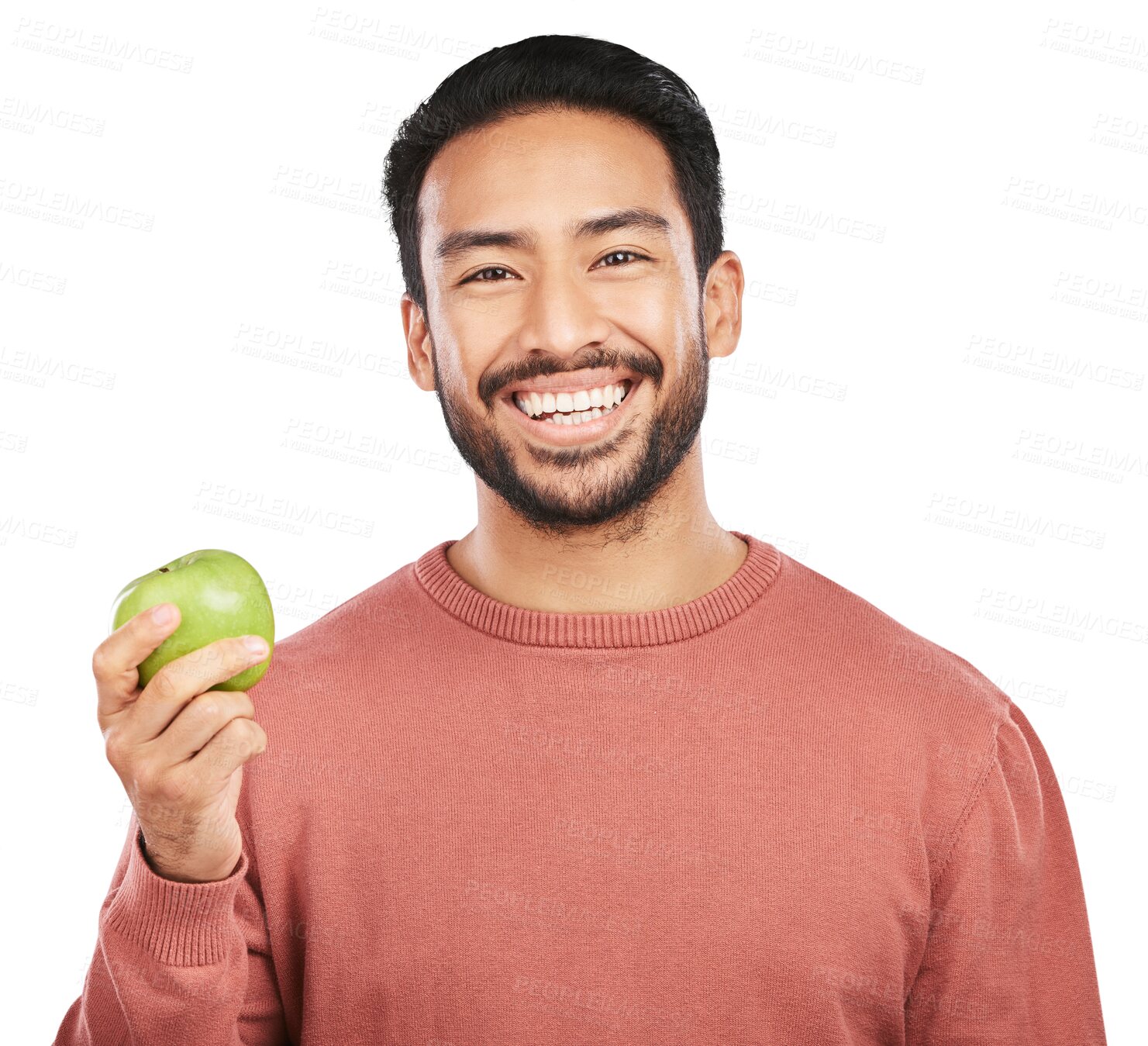 Buy stock photo Health, apple and portrait of man with fruit on isolated, png and transparent background for wellness. Healthy food, vegan and happy male person with healthy snack for nutrition, detox and vitamins