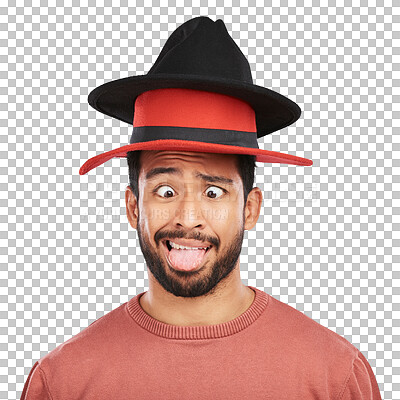 Buy stock photo Goofy, asian man and silly hat with comic face in png or isolated and transparent background. Crazy, humor and male person with head accessory or comedy expression with fashion for joke or joy.