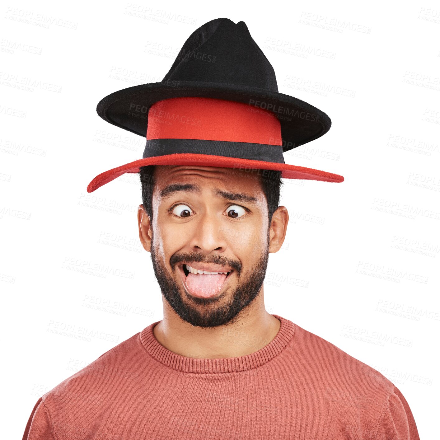 Buy stock photo Goofy, asian man and silly hat with comic face in png or isolated and transparent background. Crazy, humor and male person with head accessory or comedy expression with fashion for joke or joy.