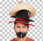 Disguise, hats and funny with portrait of man on png for choice, crazy and fashion. Mustache, costume and comic with face of person isolated on transparent background for joke, style and accessory