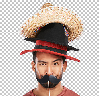 Disguise, hats and funny with portrait of man on png for choice, crazy and fashion. Mustache, costume and comic with face of person isolated on transparent background for joke, style and accessory