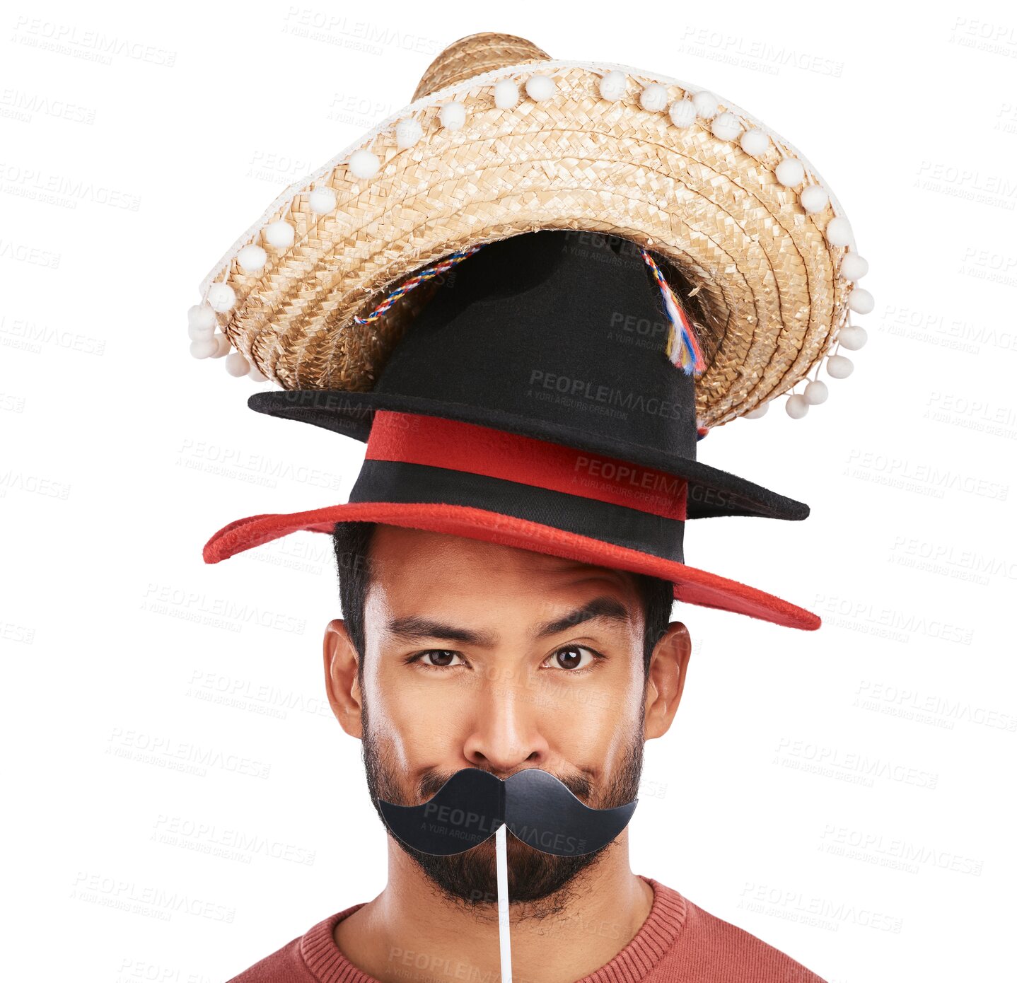 Buy stock photo Disguise, hats and funny with portrait of man on png for choice, crazy and fashion. Mustache, costume and comic with face of person isolated on transparent background for joke, style and accessory