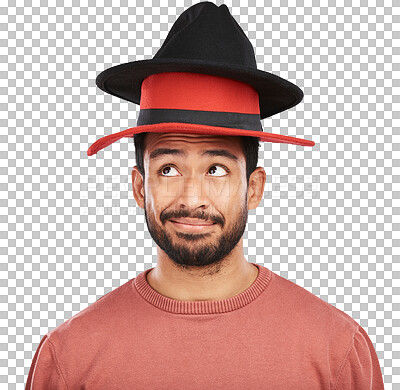 Buy stock photo Thinking, idea and asian man with hat for fun in png or isolated and transparent background. Question, guy and choice or silly with male person for fashion or goofy with comic or style and wonder.