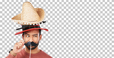 Fashion, hats and funny with portrait of man on png for choice, crazy and disguise. Mustache, costume and comic with face of person isolated on transparent background for joke, style and accessory