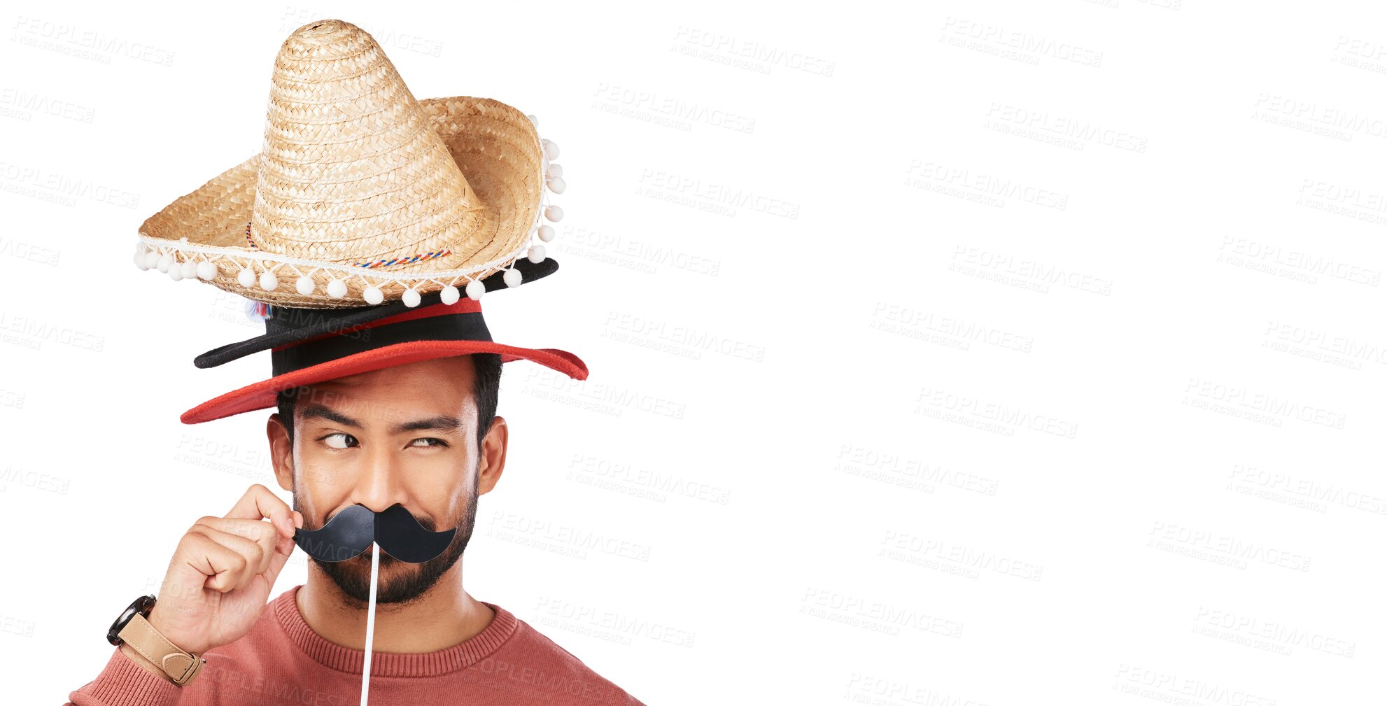 Buy stock photo Fashion, hats and funny with portrait of man on png for choice, crazy and disguise. Mustache, costume and comic with face of person isolated on transparent background for joke, style and accessory