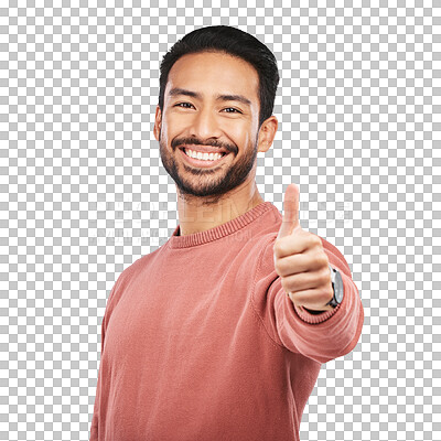 Buy stock photo Happy asian man, portrait and thumbs up for approval standing isolated on a transparent PNG background. Male person with smile, like emoji or yes sign for success, good job or agreement and thank you