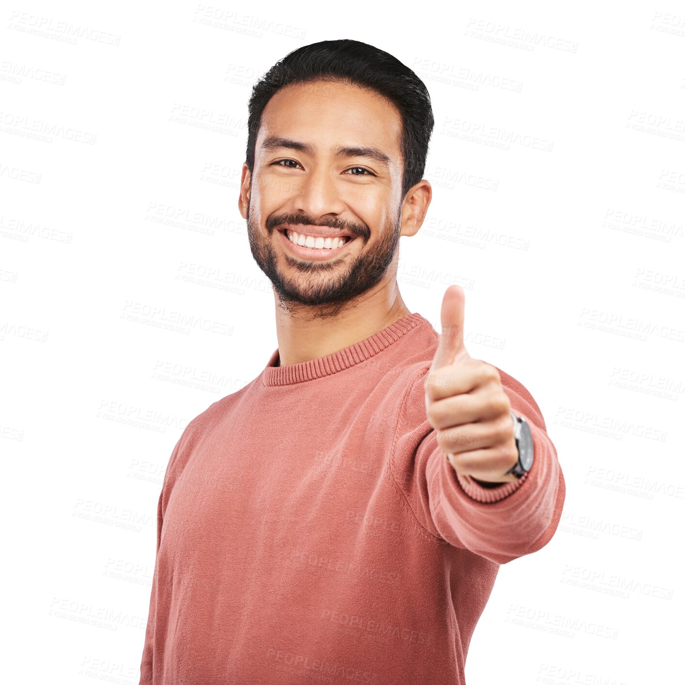 Buy stock photo Happy asian man, portrait and thumbs up for approval standing isolated on a transparent PNG background. Male person with smile, like emoji or yes sign for success, good job or agreement and thank you