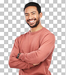 Smile, portrait of man with arms crossed and isolated on transparent png background, confidence with proud happiness. Relax, casual fashion and happy face of confident male model in Mexico with pride