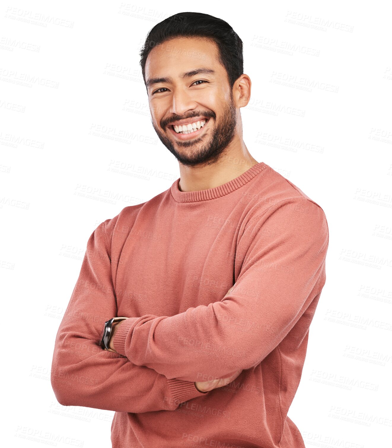 Buy stock photo Smile, portrait of man with arms crossed and isolated on transparent png background, confidence with proud happiness. Relax, casual fashion and happy face of confident male model in Mexico with pride