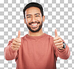 Happy asian man, portrait and thumbs up for success standing isolated on a transparent PNG background. Male person with smile, like emoji or yes sign for good job, approval or agreement and thank you