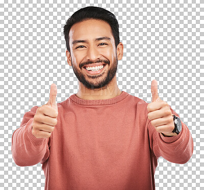 Buy stock photo Happy asian man, portrait and thumbs up for success standing isolated on a transparent PNG background. Male person with smile, like emoji or yes sign for good job, approval or agreement and thank you