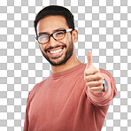 Nerd asian man, portrait and thumbs up for good job standing isolated on a transparent PNG background. Male person or geek with like emoji or yes sign for success, approval or agreement and thank you