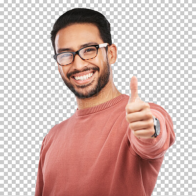 Buy stock photo Nerd asian man, portrait and thumbs up for good job standing isolated on a transparent PNG background. Male person or geek with like emoji or yes sign for success, approval or agreement and thank you