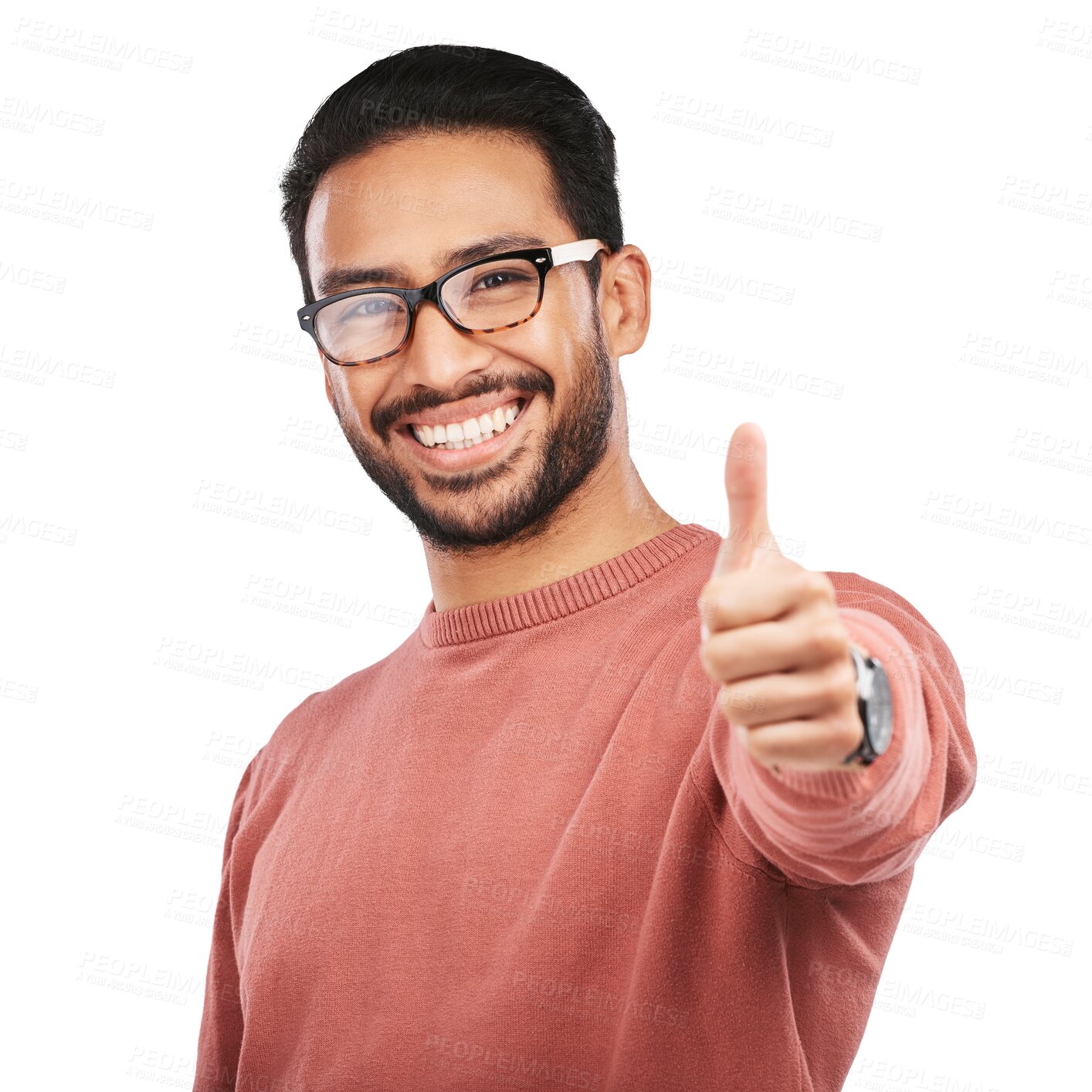 Buy stock photo Nerd asian man, portrait and thumbs up for good job standing isolated on a transparent PNG background. Male person or geek with like emoji or yes sign for success, approval or agreement and thank you