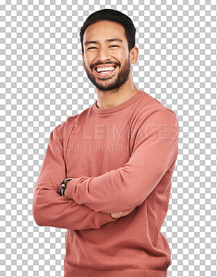 Buy stock photo Laugh, portrait of man with arms crossed and isolated on transparent png background, confidence with proud happiness. Relax, casual fashion and happy face of confident male model in Mexico with smile