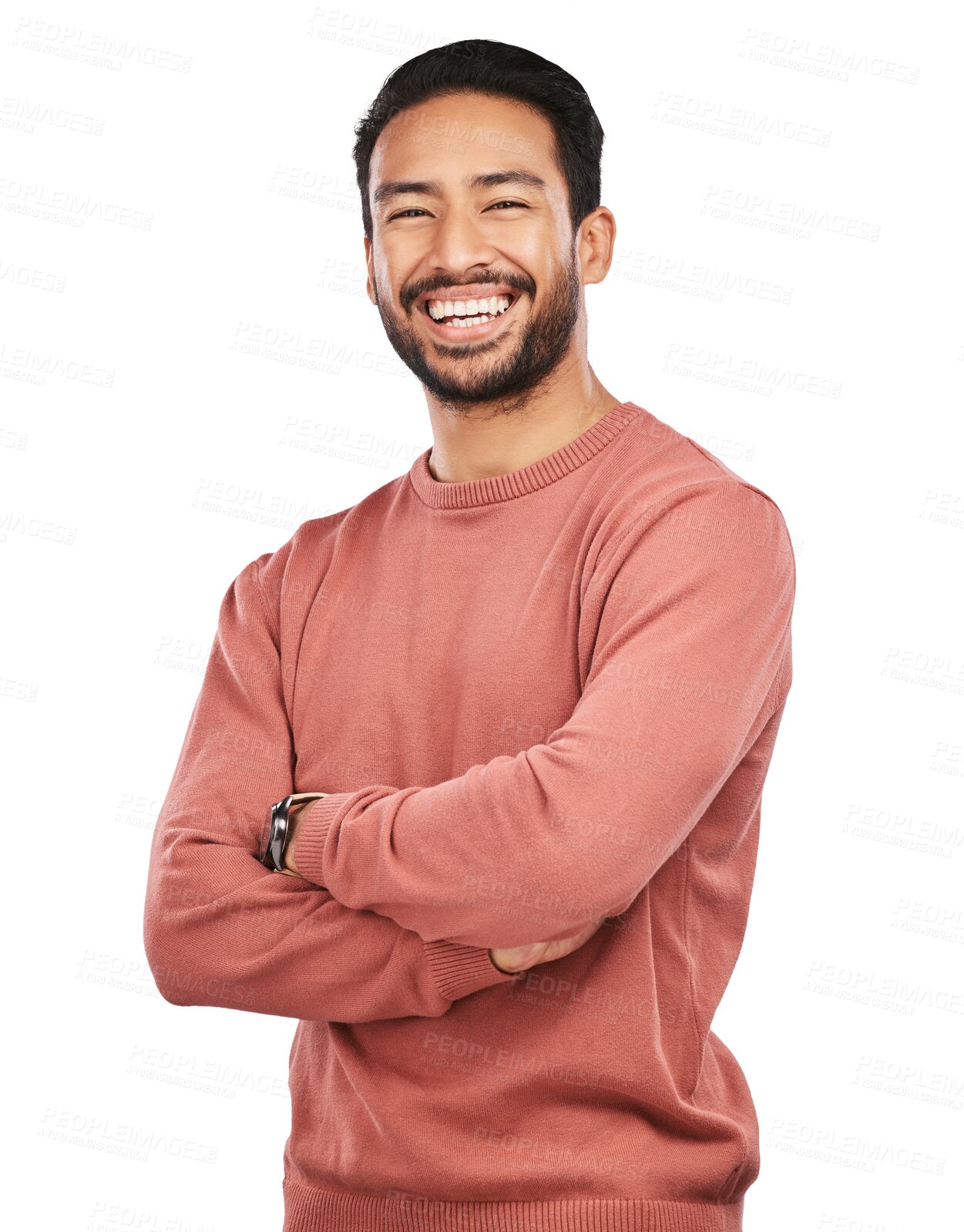 Buy stock photo Laugh, portrait of man with arms crossed and isolated on transparent png background, confidence with proud happiness. Relax, casual fashion and happy face of confident male model in Mexico with smile