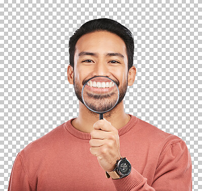 Buy stock photo Asian man, teeth and magnifying glass in portrait with smile in png or isolated and transparent background. Zoom, tool and dental care with male person with search for hygiene or oral healthcare. 