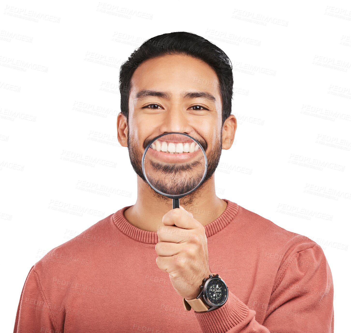 Buy stock photo Asian man, teeth and magnifying glass in portrait with smile in png or isolated and transparent background. Zoom, tool and dental care with male person with search for hygiene or oral healthcare. 