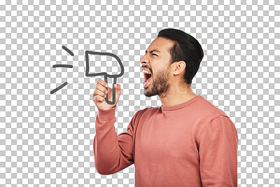 Buy stock photo Megaphone, noise and angry asian man with news on isolated, transparent or png background. Freedom, change and guy speaker shouting in bullhorn for justice, vote or protest, warning or transformation