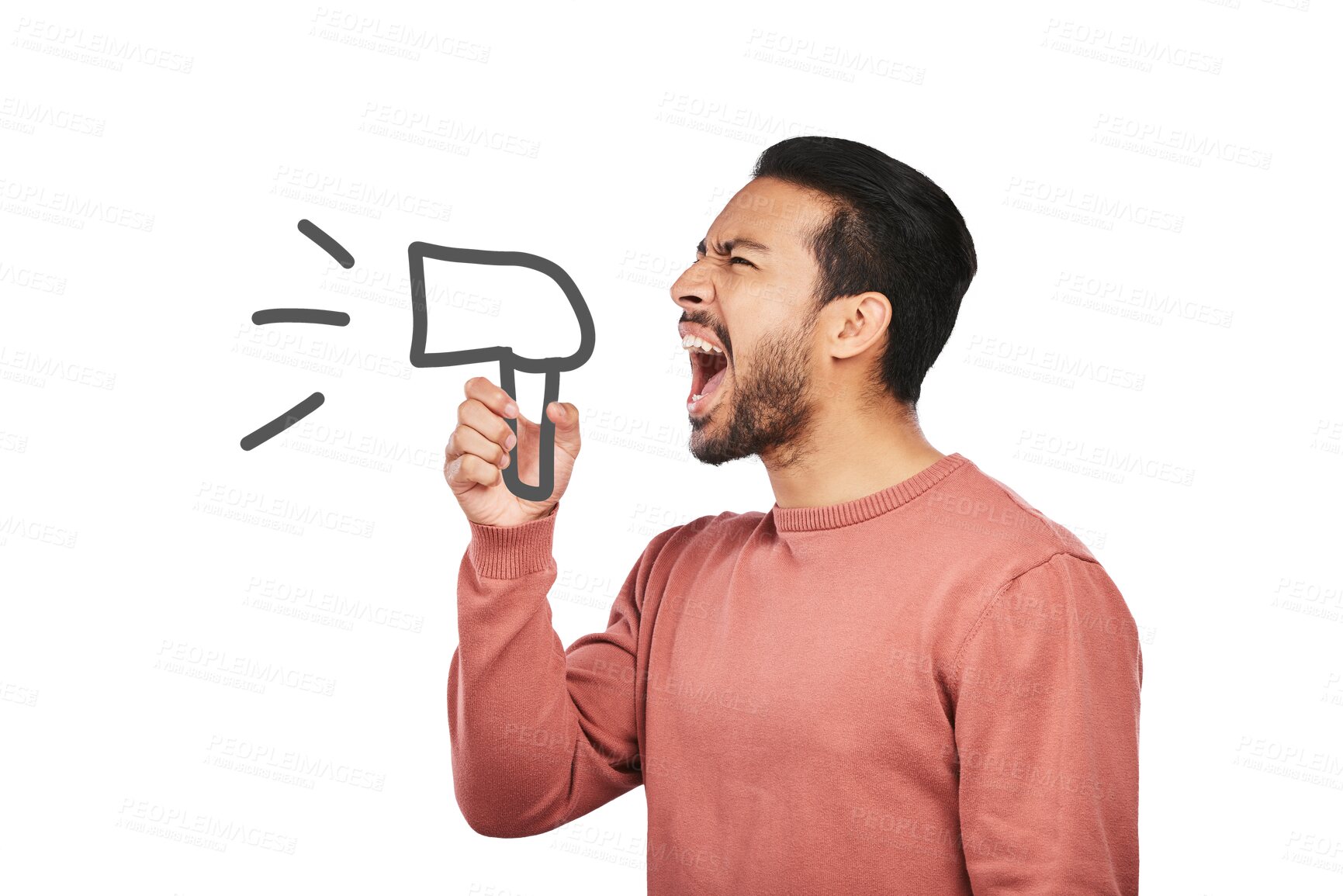 Buy stock photo Megaphone, noise and angry asian man with news on isolated, transparent or png background. Freedom, change and guy speaker shouting in bullhorn for justice, vote or protest, warning or transformation