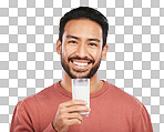Man with milk, drink and health with nutrition, calcium and vita