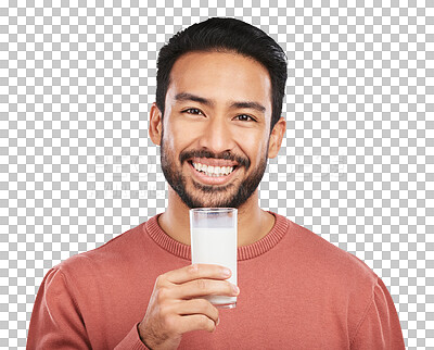 Buy stock photo Man, glass and portrait with milk for diet while isolated on transparent png background. Asian guy drinking liquid of calcium in smoothie, vanilla milkshake and nutrition of healthy dairy for protein