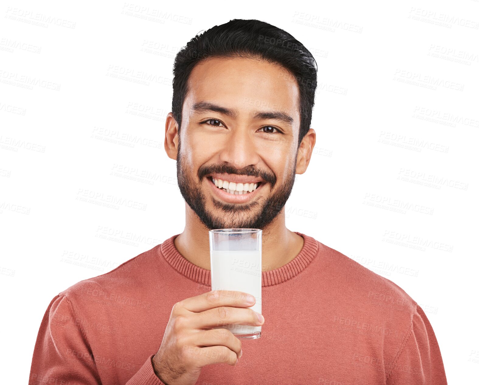 Buy stock photo Man, glass and portrait with milk for diet while isolated on transparent png background. Asian guy drinking liquid of calcium in smoothie, vanilla milkshake and nutrition of healthy dairy for protein