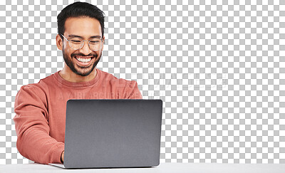 Buy stock photo Man, laptop and worker smile with business work and typing email isolated on a transparent, png background. Computer, working and pc research with web project and digital data analysis with internet 