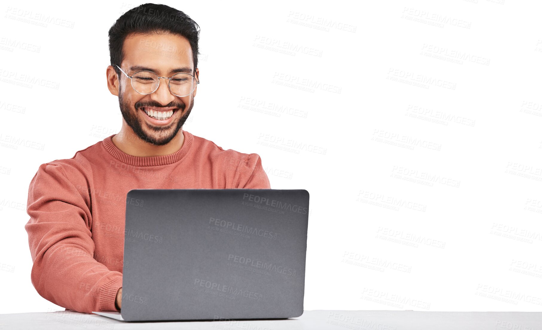 Buy stock photo Man, laptop and worker smile with business work and typing email isolated on a transparent, png background. Computer, working and pc research with web project and digital data analysis with internet 