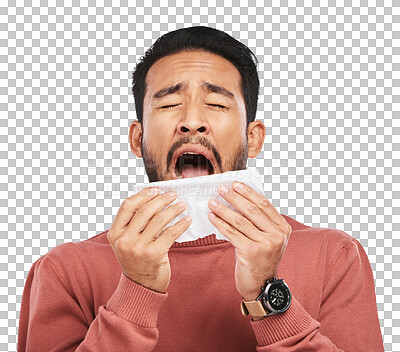 Problem, napkin or face of sad man crying over emotional crisis, heartbreak or mourning extreme loss, grief or pain. Tissue, despair or upset person wipe tears isolated on transparent, png background