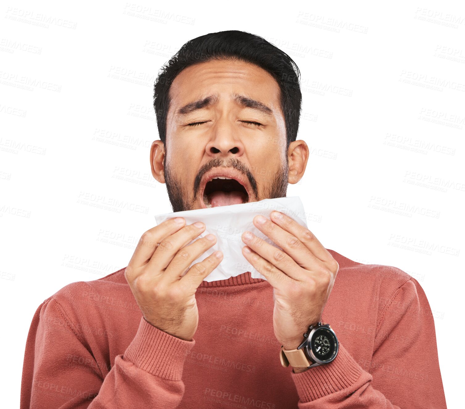 Buy stock photo Problem, napkin or face of sad man crying over emotional crisis, heartbreak or mourning extreme loss, grief or pain. Tissue, despair or upset person wipe tears isolated on transparent, png background