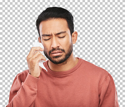 Sad, tissue and face of man crying over depression problem, heartbreak or relationship mistake, crisis or grief. Napkin, mental health and person wipe tears isolated on transparent, png background