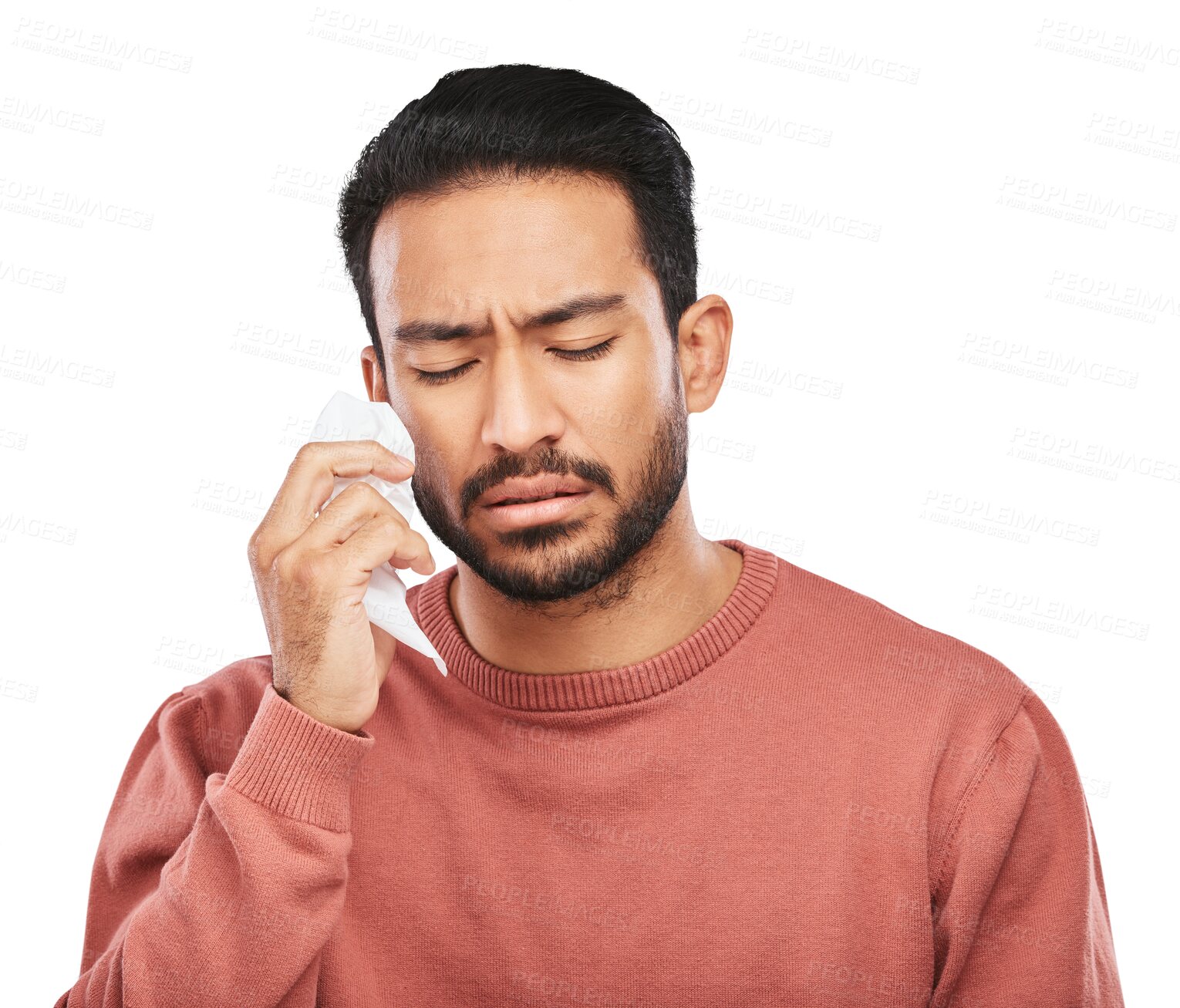 Buy stock photo Sad, tissue and face of man crying over depression problem, heartbreak or relationship mistake, crisis or grief. Napkin, mental health and person wipe tears isolated on transparent, png background