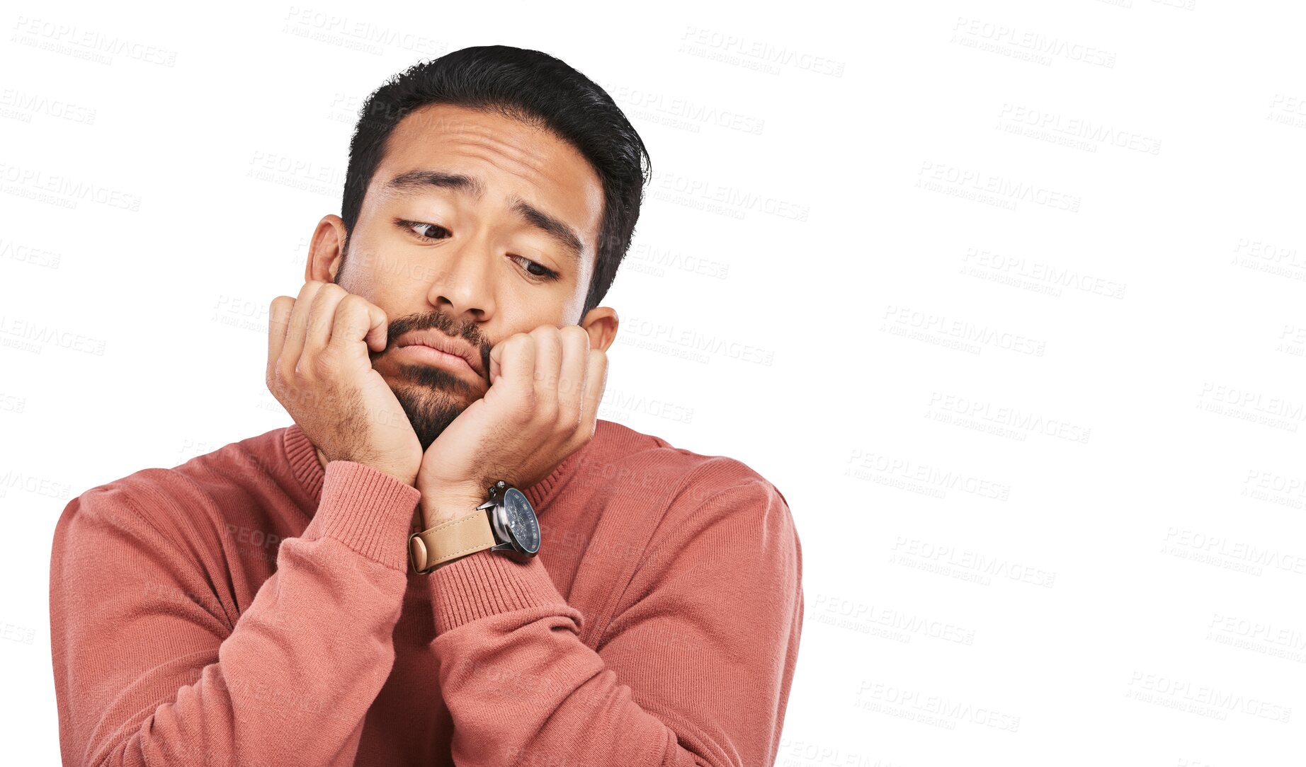 Buy stock photo Depression, thinking and sad asian man with stress, guilt or broken heart on isolated, transparent or png background. Doubt, fear and face of guy person lonely, bored and unhappy, anxiety and pensive