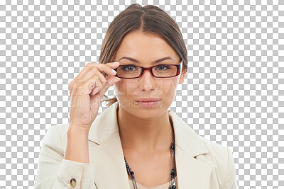 Buy stock photo Smart, glasses and portrait of business woman with intelligent idea isolated in a transparent or png background. Focus, vision and corporate employee with professional spectacles or optometry eyewear