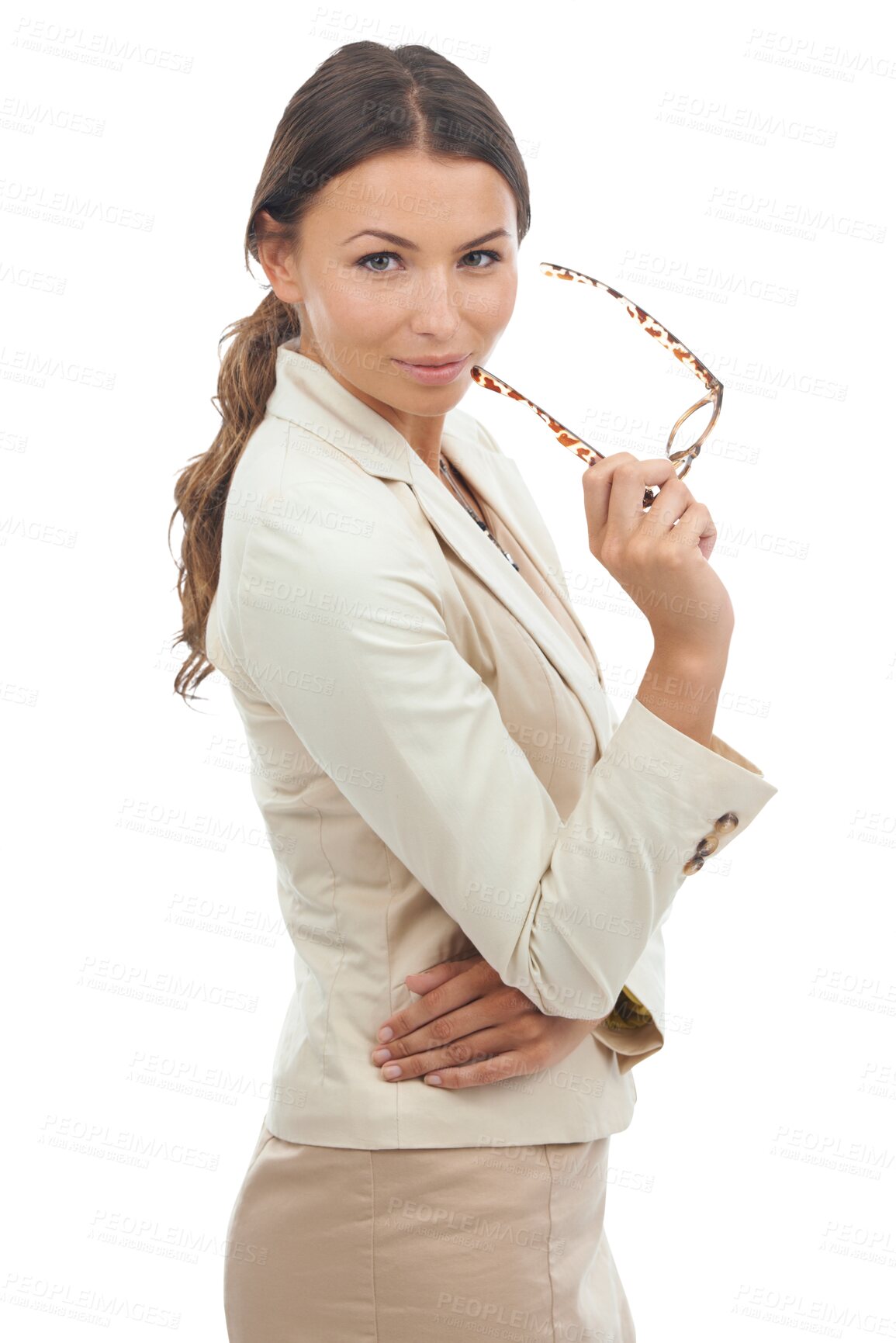 Buy stock photo Portrait, woman and holding glasses with professional in png or isolated and transparent background with marketer. Business, girl and confident with pride or positive mindset for employee at work.